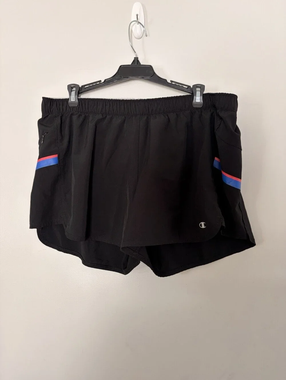 XL Champion Authentic Athleticware Black Women's Shorts Red and Blue Stripe Run
